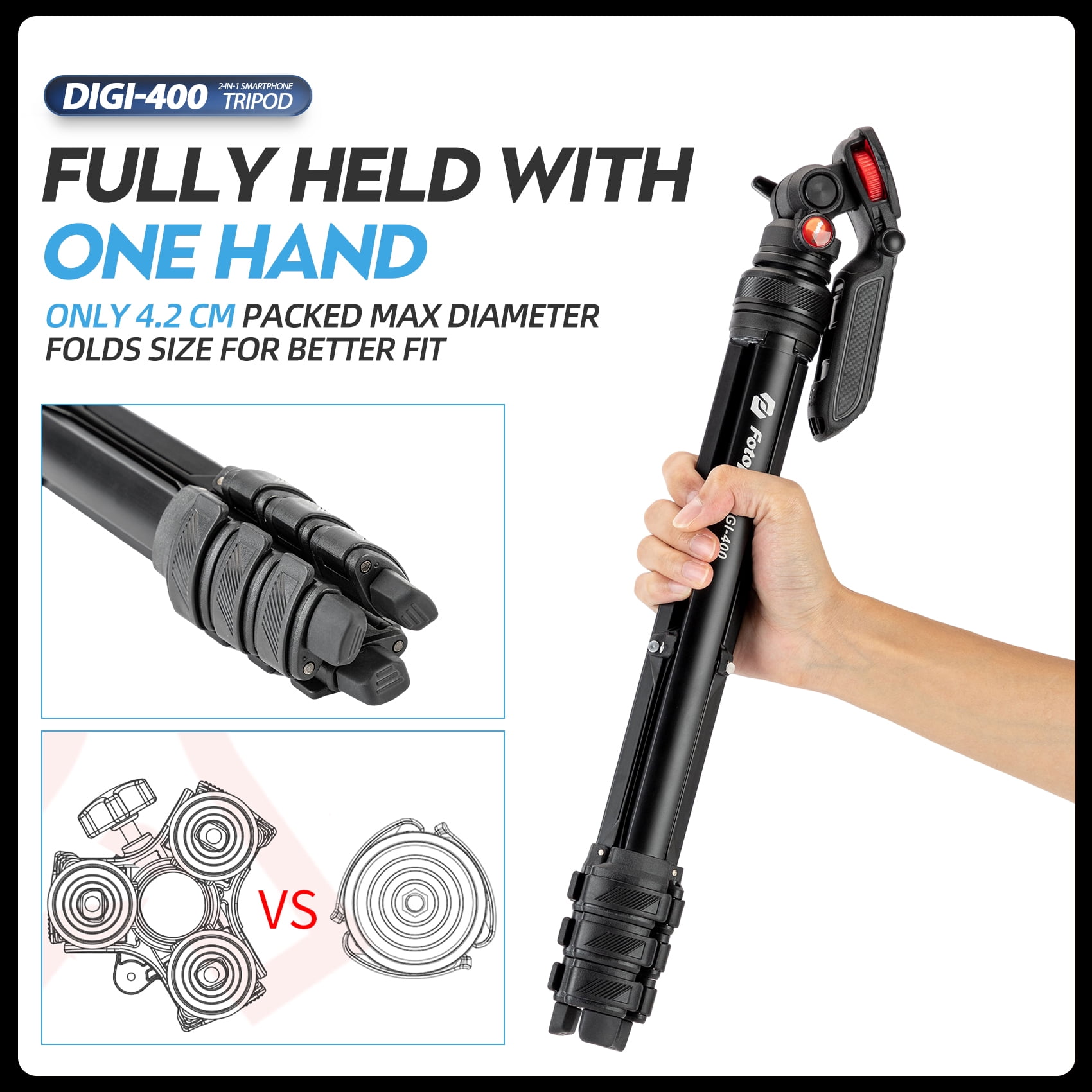 Fotopro 55"Camera Tripod, 2-in-1 Compact Phone Tripod with Fluid Video Head Hidden Cold Shoe Phone Clip, 1.5lbs Lightweight Aluminum Max Load 6.6lbs