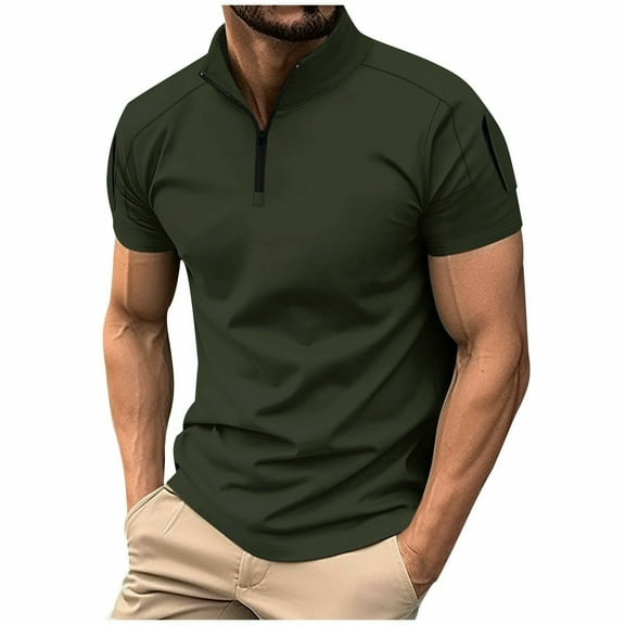 QUINDOS Polo Shirts for Men High Neck Casual Short Sleeve Shirts Golf Solid Sports Loose Workout T-shirts