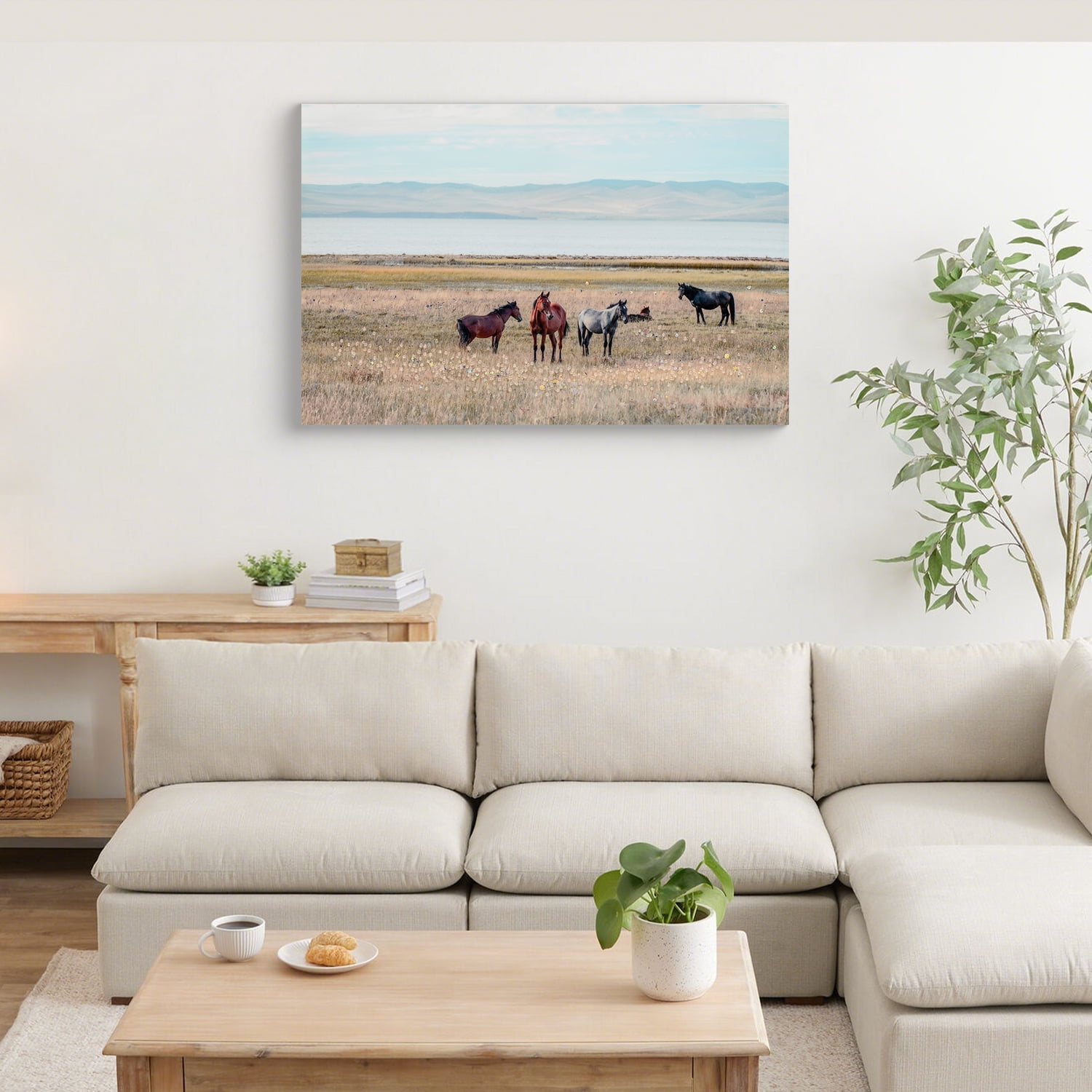 MOONMISS 24x36 Horse Framed Canvas Wall Art Country Western Farmhouse Rustic Wild Horses Grassland Living Room Decor