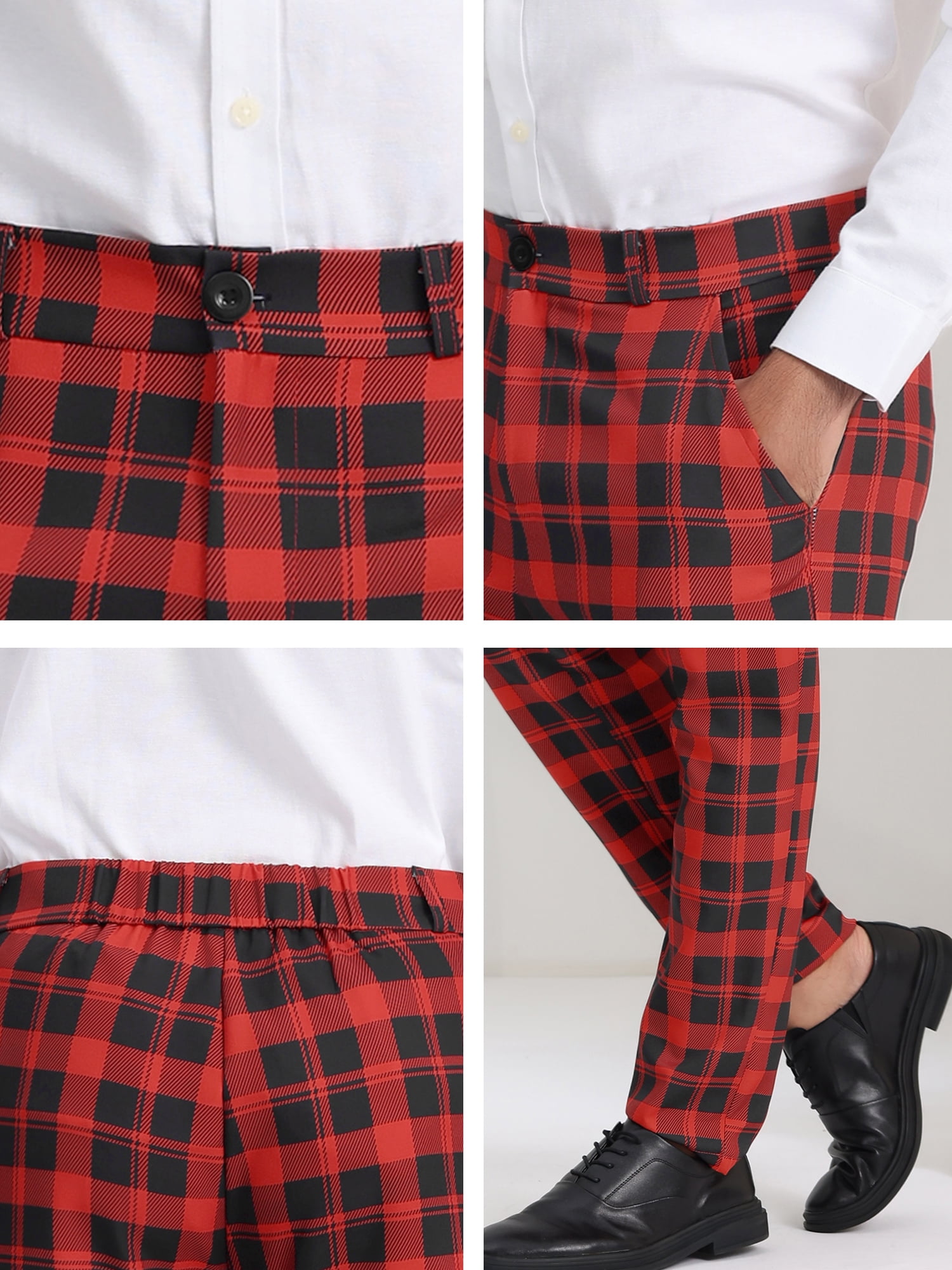 Unique Bargains Men's Plaid Regular Fit Flat Front Classic Elastic Waist Suit Pants 36 Red