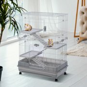 4-Tier 32"Small Animal Metal Cage Height Adjustable with Lockable Casters Grilles Pull-out Tray for Rabbit Chinchilla Ferret Bunny Guinea Pig Squirrel Hedgehog(GREY)(=OLD SKU:W69133215)