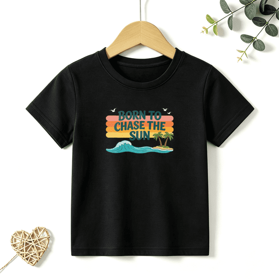 Girls Graphic Tees Born To Chase The Sun Kids T Shirt Retro Beach 100% Cotton Short Sleeve Soft Tops 4-13Y