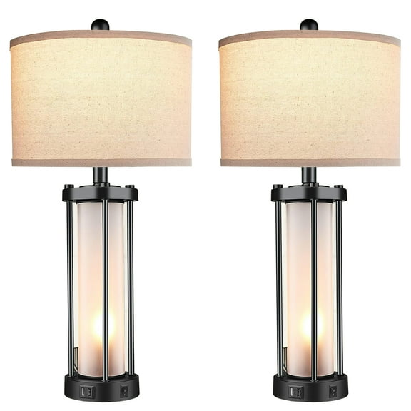 Set of two 26" tall living room table lamps, perfect for bedroom bedside use, with LED lantern night light, dual USB ports, beige fabric lampshade (bulb included).