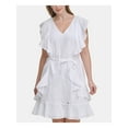 thumbnail image 3 of TOMMY HILFIGER Womens White Zippered Ruffled Self-tie Waist Cap Sleeve V Neck Above The Knee Party Fit + Flare Dress Plus 22W, 3 of 4