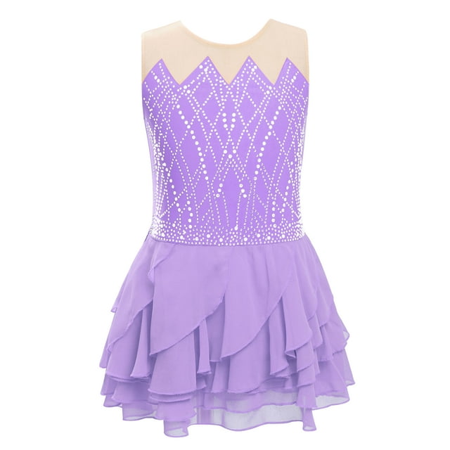 LiiYii Kids Girls Shiny Rhinestone Sleeveless Tiered Ruffle Figure Skating Dance Dress Ballet Tulle Light Purple 8