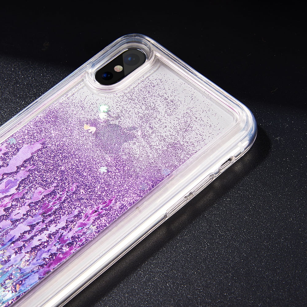 3D Winter Sparkle Glitter Waterfall Phone Case (Lavender Bliss) for Apple iPhone XS/X - Interactive Water Liquid Cascade Floating Snow Globe Dynamic Transparent Smartphone Cover - Purple Floral Nature