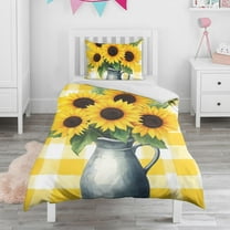 Sunflowers and Checkered Duvet Cover and Pillowcase Set for Single Bedding, Bedroom Accessories for Kids Teens