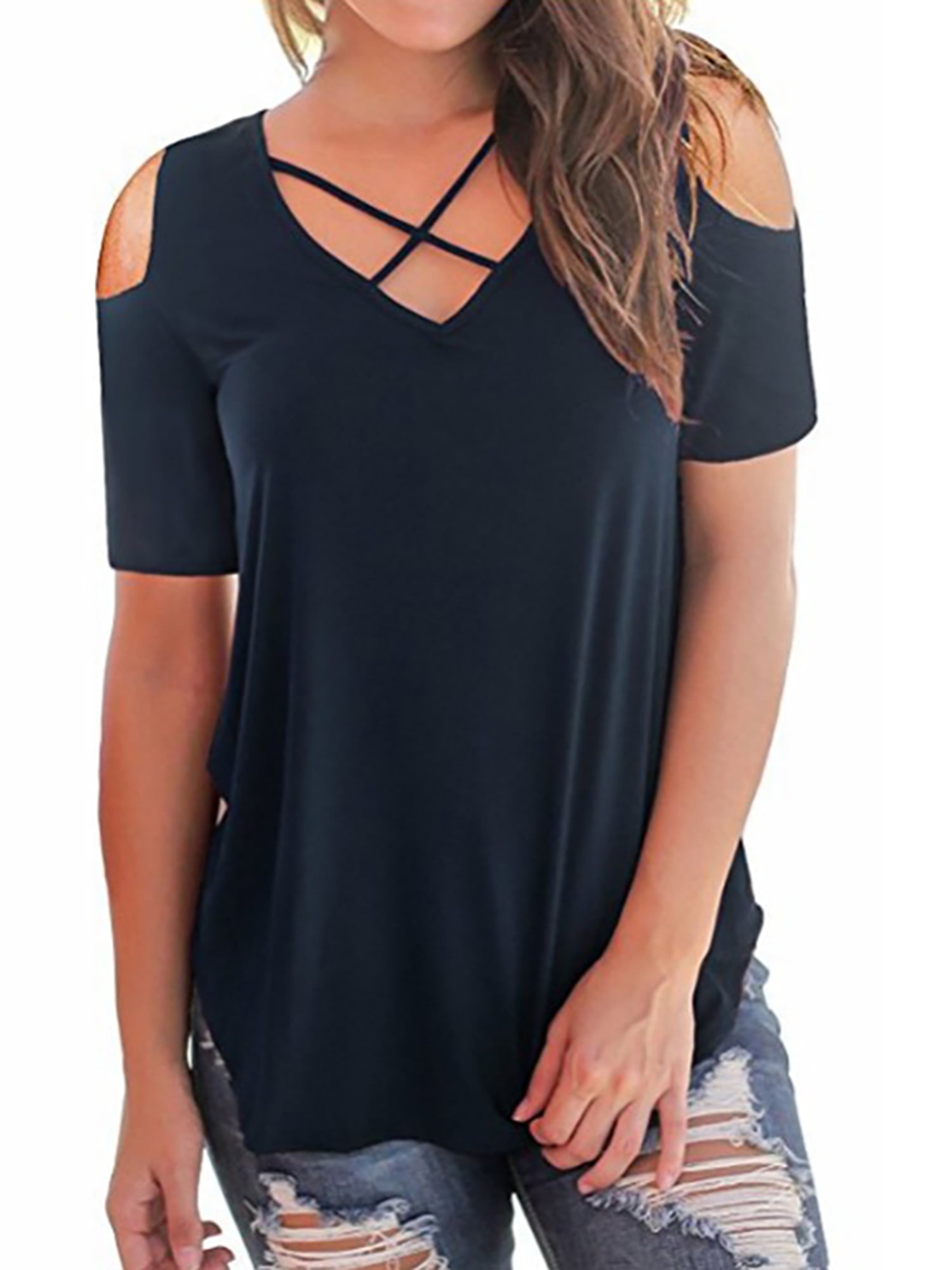 Zipper Tops for Women V Neck Metal Ring Strappy Short Sleeve Tshirts Feather Print Loose Flowy Cold Shoulder Blouses