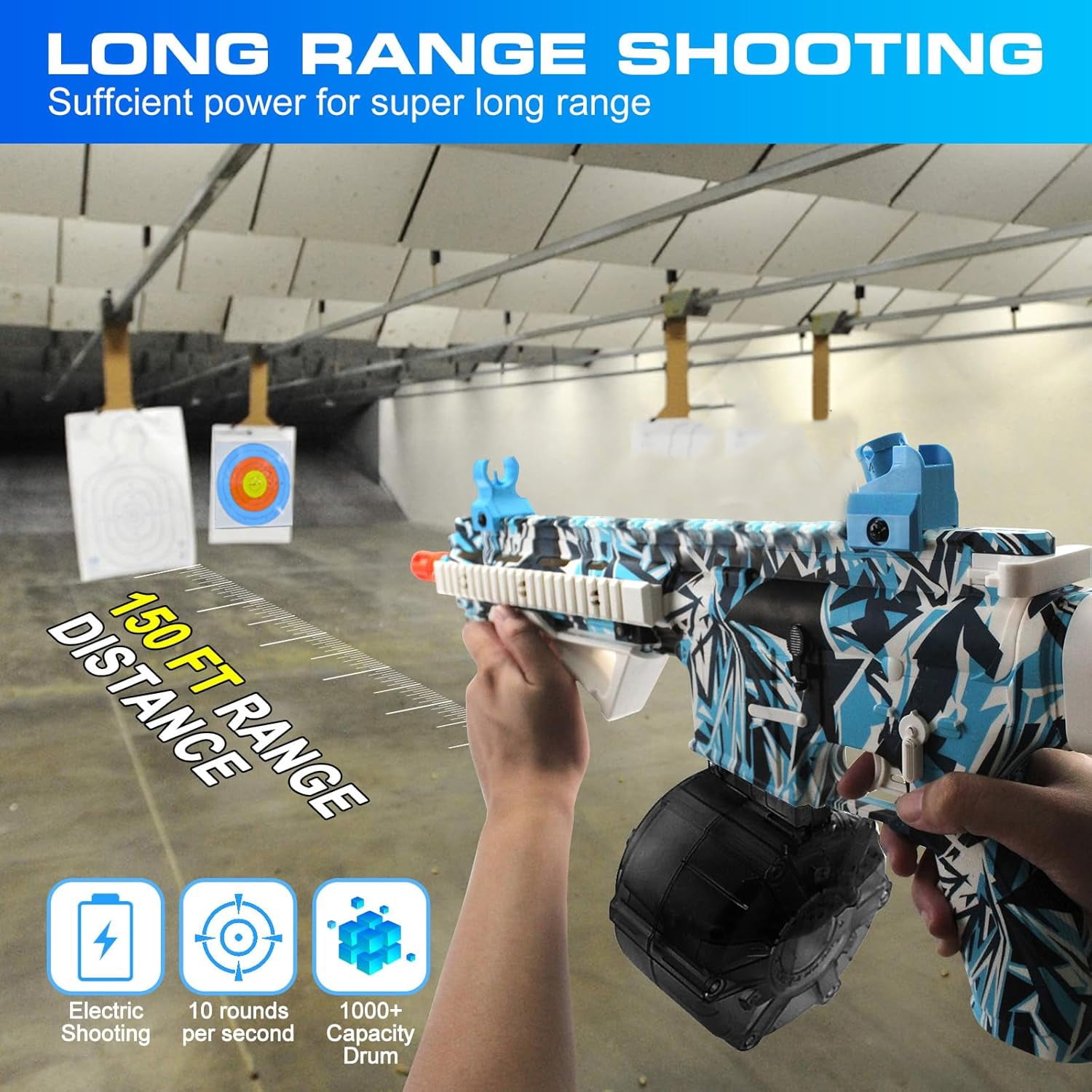 30-Inch Electric Gel Ball Blaster – 10 Rounds/Second, 1000+ Capacity Drum, Manual & Auto Modes Splatter Blaster, Adjustable Stock for 14+ Years Old