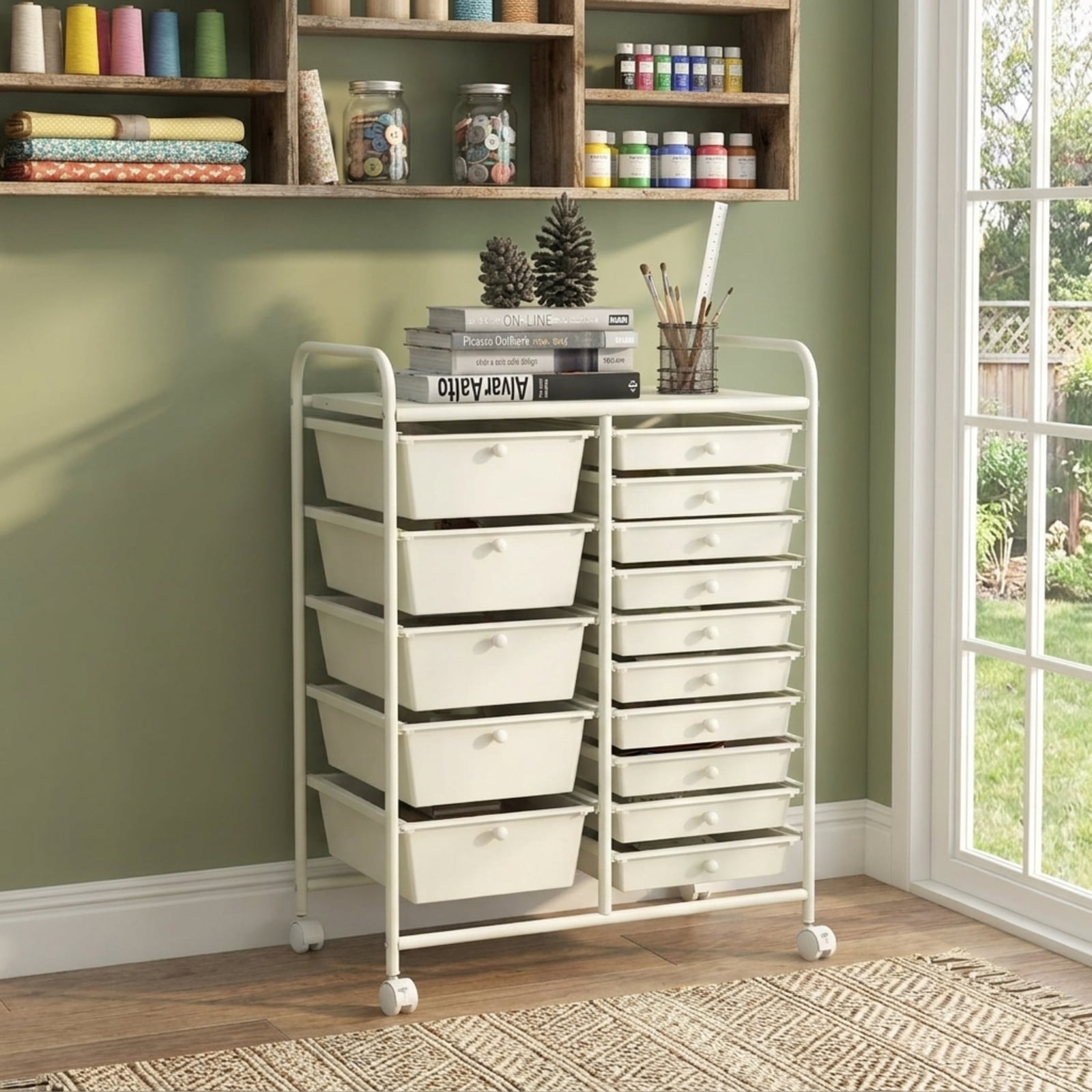 Furnibear 15-Drawer Utility Rolling Organizer Cart Multi-Use Storage for Home Office Craft Room Classroom, White