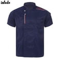thumbnail image 2 of Chaqueta de chef con bordado de estrellas para hombre y mujer, manga corta, cuello alto, uniforme de cocina, ropa de trabajo para cocinar, hornear y restaurante, 2 of 5