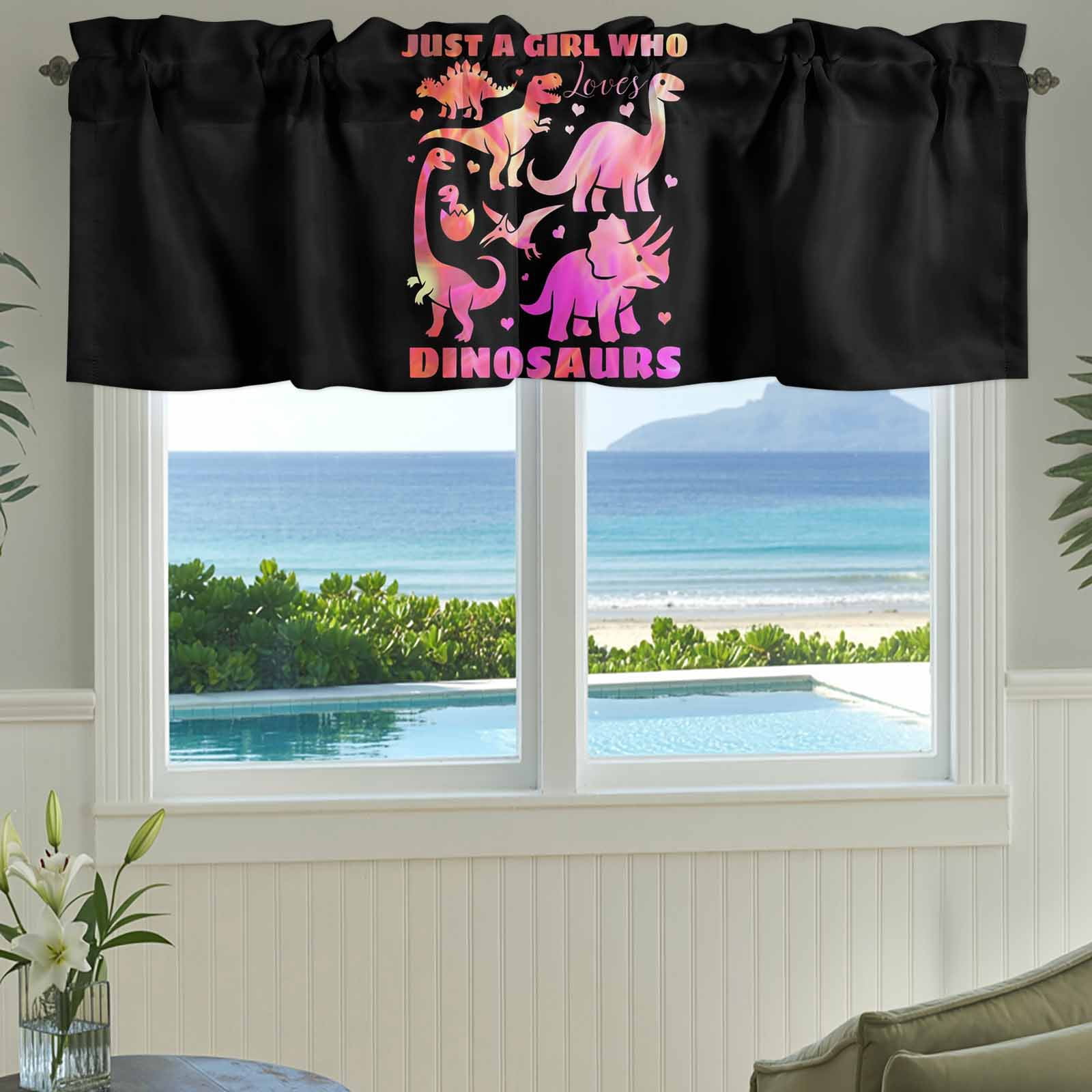 Pink Dinosaur Farmhouse Short Window Curtain Valances, JUST A Boy Who Loves Dinosaur Jungle Animals Rod Pocket Kitchen Valances for Living Room Bedroom Bathroom Cafe 42" x 18"