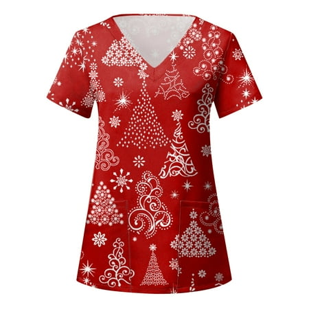 

TAIAOJING Women Scrubs Top Workwear Ladies Casual Christmas Print Short Sleeve Pocket Loose Caring Workwear