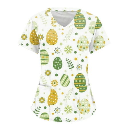

Women Scrubs Tops Easter Print Short Sleeve V Neck Workwear Tshirt Top Blouse With Pockets Nurse Workwear