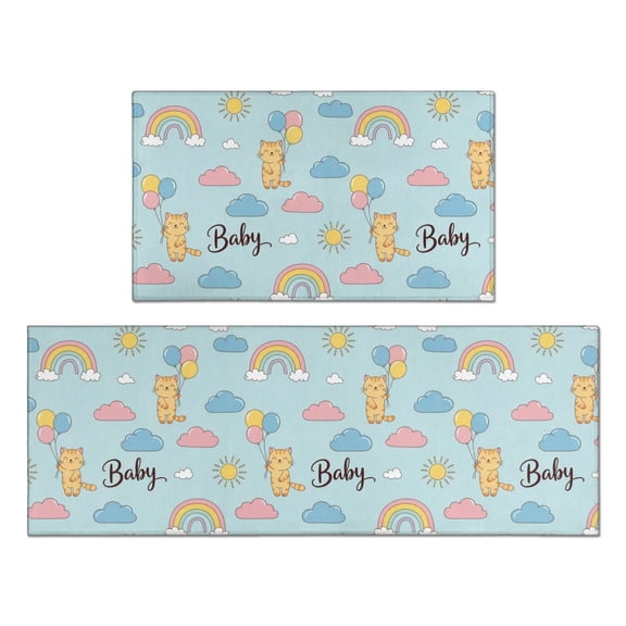 Cat and Rainbow Blue Pattern Anti Fatigue Kitchen Rugs Set Of 2, Non Slip Washable Decorative Floor Mats for Kitchen Sink Laundry, 17"x30" and 17"x47"