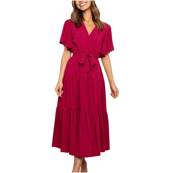 Women's Summer Maxi Dresses Ruffle Short Sleeve V-Neck Solid Beach Holiday Long Dress Pleated Flowy Tiered Hem Wrap Dress