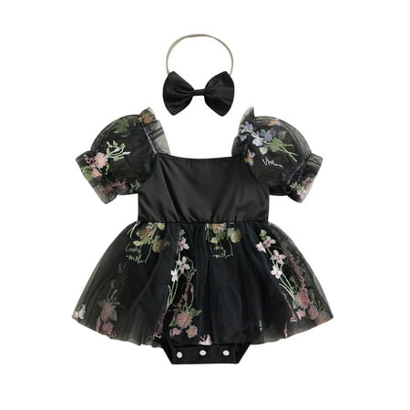 

Baby Girls Summer Casual Romper Short Sleeve Floral Mesh Patchwork Playsuit with Headband