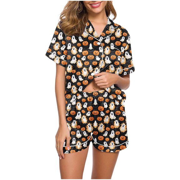 SAKMAL 2PC Pajamas Sets for Women Summer Halloween Ghost Pumpkin Print Womens Short Sleeve Top with Matching Shorts Holiday Pj Set,L