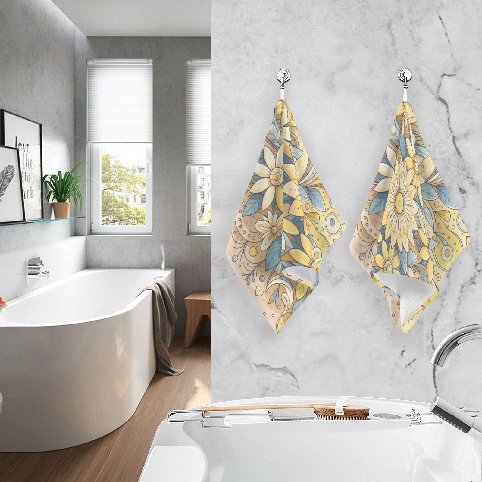 Elegant Flowers Yellow Hand Towels Cotton Bath Towels Large Face Towels Absorbent for Bathroom 2 Packs