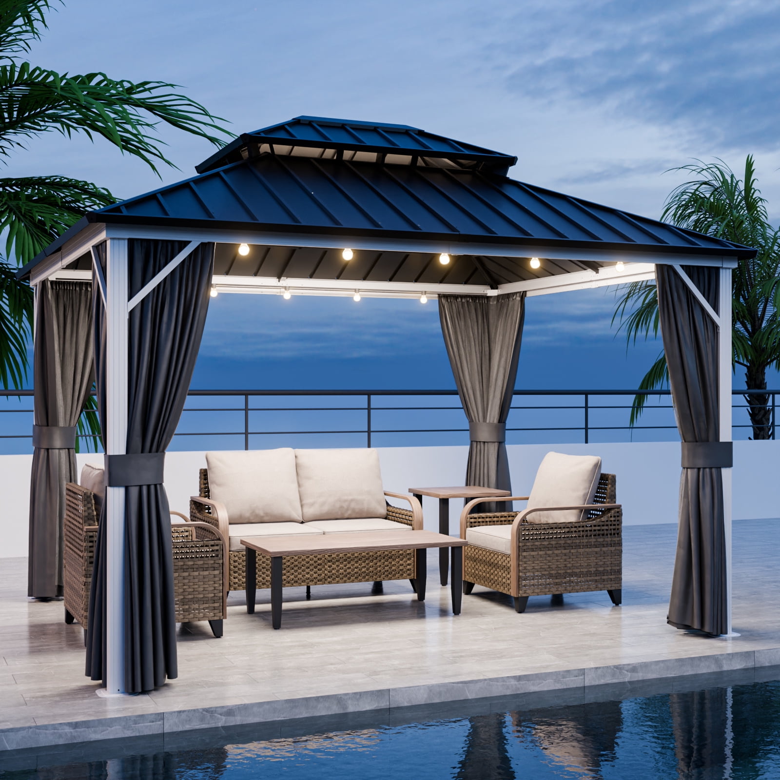 EAGLE PEAK 10'x12' Outdoor Patio Hardtop Gazebo with Aluminum Frame, Galvanized Steel Double Roof with Netting and Curtains, White/Gray