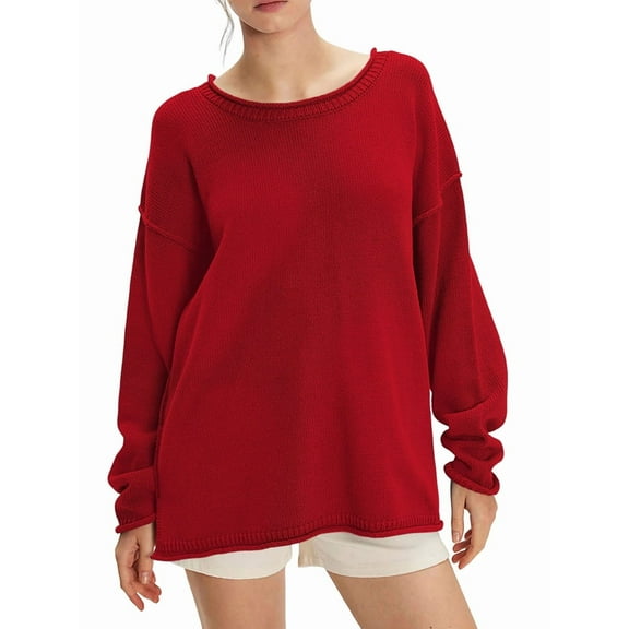 Womens Oversized Crew Neck Sweaters Long Sleeve Slouchy Knit Fall Casual Loose Side Split Pullover Tops Red L