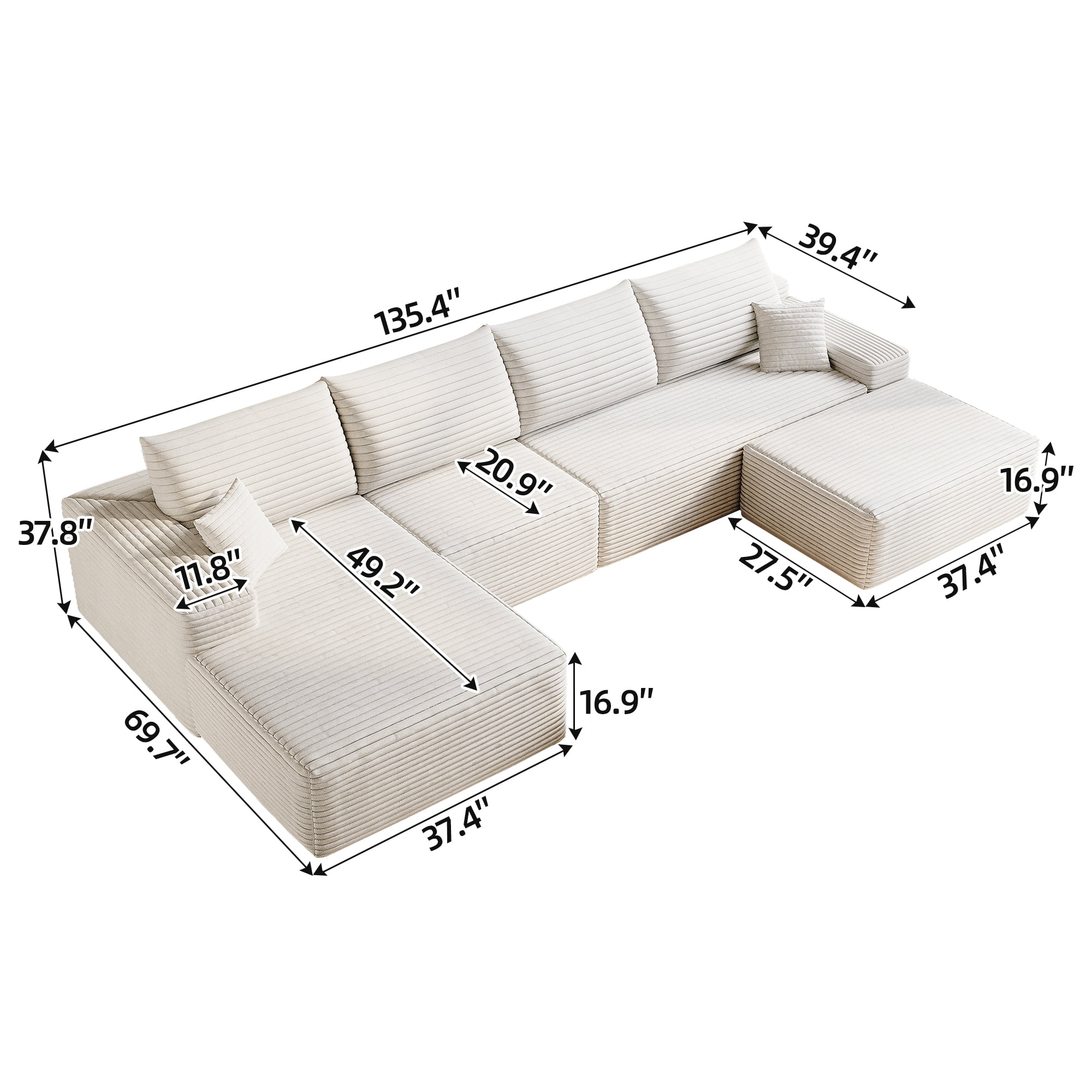 MAYEERTY 135" Cloud Sectional Sofa White Plush Corduroy with Ottoman Deep Seat No Assembly Living Room