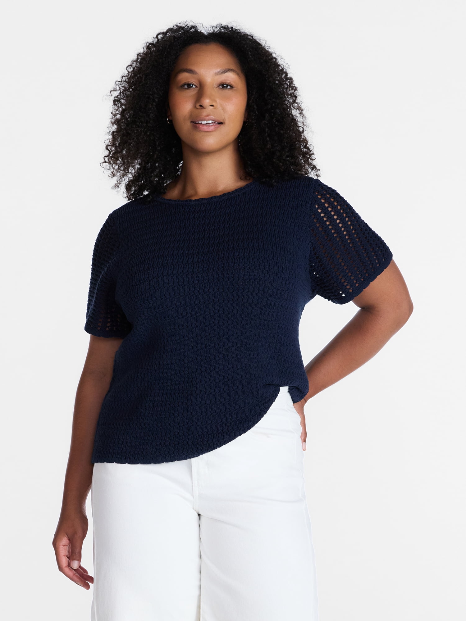 Time and Tru Women's Textured Crewneck Sweater with Short Sleeves, Lightweight, Sizes XS-XXXL