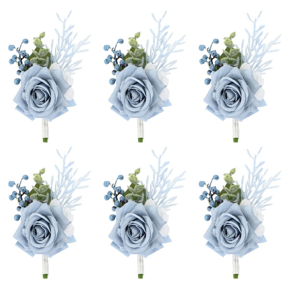 Uxcell Rose Corsage, 6 Pcs for Groom Bride Graduation Prom Party Wedding Flowers, Light Blue