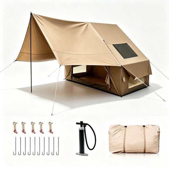 Inflatable Tents for Camping with Skylight, 3-4 Person Air Glamping Tent with Pump, Detachable Porch, Zippered Doors & Mesh Windows, 4 Seasons, Easy Setup Blow Up Tent for Picnicking, Beach