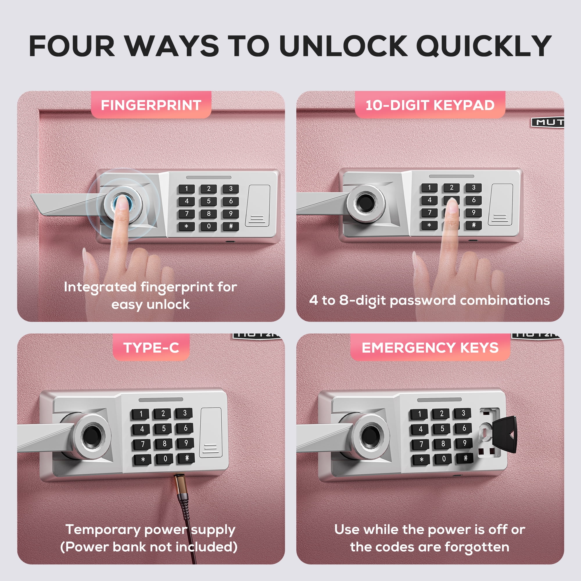 Safe Box,MUTAK 1.0 Cuft Biometric Safe Lock Box with Fingerprint,Code and Keys Access, Heavy Duty Security Money Safe Lock Cabinet with Fireproof Document Bag, Pink