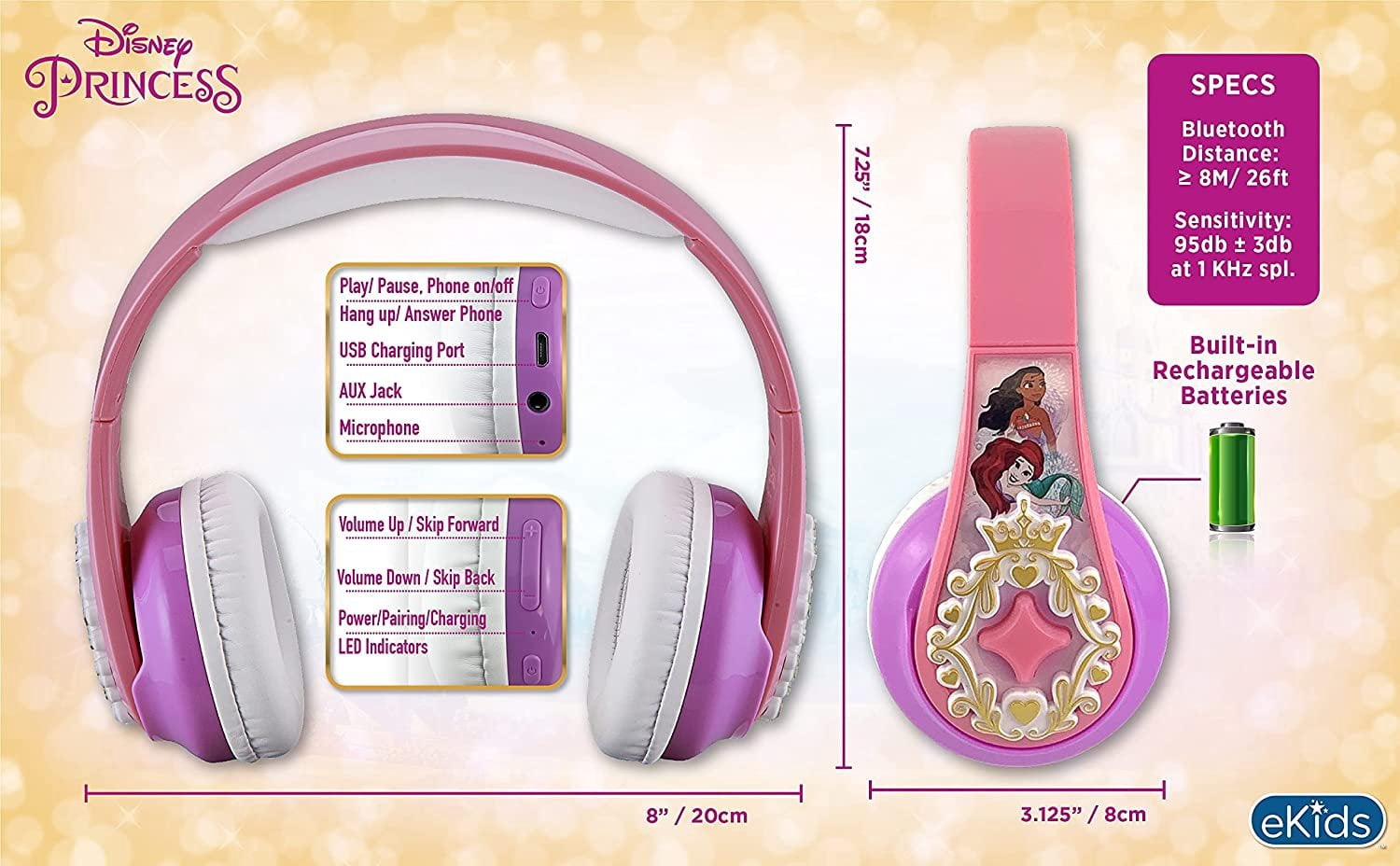 eKids Disney Princess Bluetooth Headphones with EZ Link, Microphone and Aux Cord