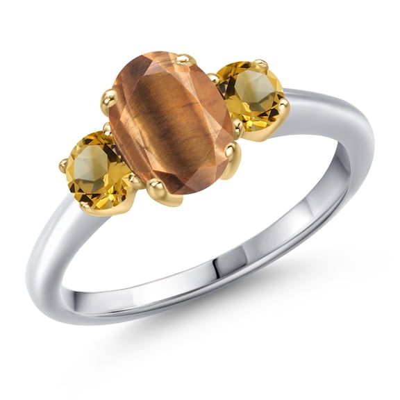 Gem Stone King 925 Silver and 10K Yellow Gold Brown Tiger Eye and Yellow Citrine Engagement Ring for Women | 1.76 Cttw | Oval 8X6MM | Gemstone Birthstone | Size 9