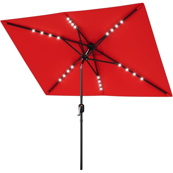 10' x 6.5' Solar Rectangular Patio Umbrella with Lights, Outdoor Table Umbrella with Crank and Push Button Tilt, Market Umbrella with 6 Sturdy Ribs Tilt for Garden, Deck, Lawn, Pool, Red