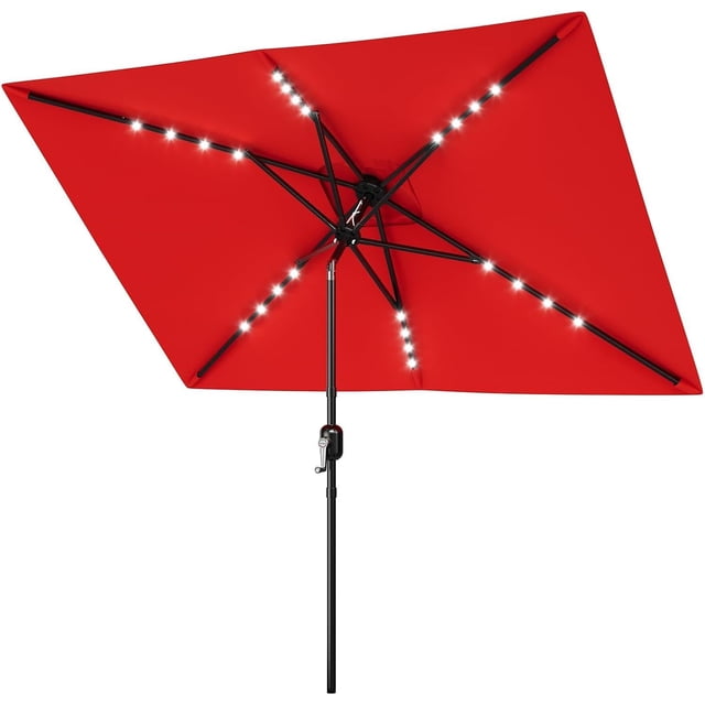 YUSAZENS 6.5x10FT Rectangular Patio Umbrella, Iron Frame, Polyester Fabric, Solar LED Lights, Garden Shade Red