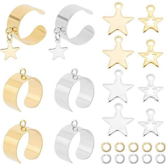 Aproximadamente 8 anillos abiertos de acero inoxidable de 2 colores para dedos, con dije de estrella y anillas abiertas, de 17 mm, estilo gótico punk, ajustables, apilables y llamativos.