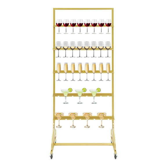 Miumaeov 5 Tier 40 Champagne Glasses Holder Rack Metal Gold Display Stand with Swivel Casters For Wedding Party