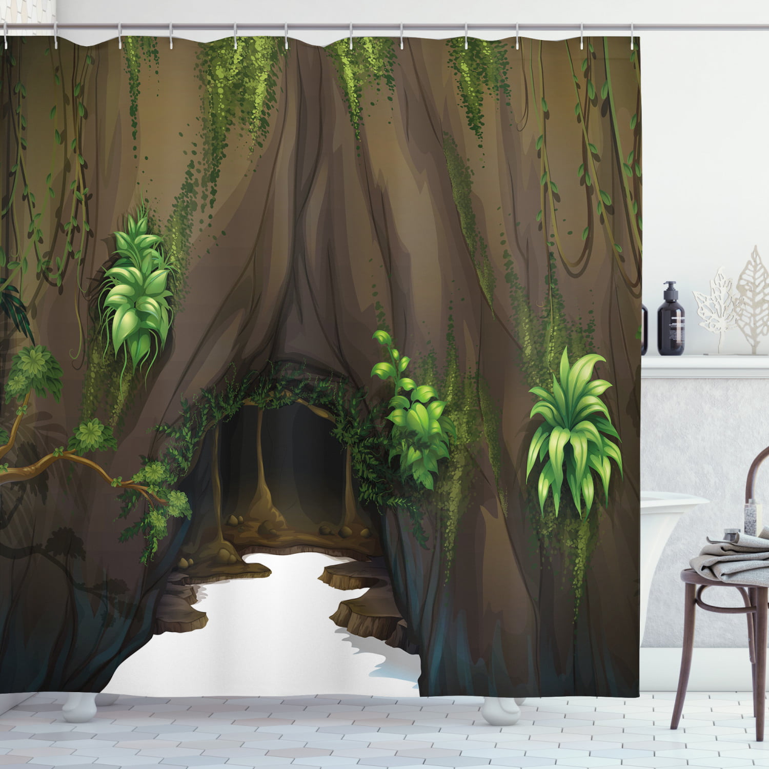 Bathroom Waterproof Fabric Shower Curtain Set Cartoon Design Forest Green Trees 