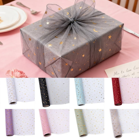 Yhmxh Shiny Stars Glitter Tulle Rolls 19 inch x 5 Yards(15 Feet) Star Moon Shimmer Color for Table Runner Chair Sash Bow Pet Doll Tutu Skirt Sewing Craft Valentine's Day Gift Wrapping Ribbon Supplies
