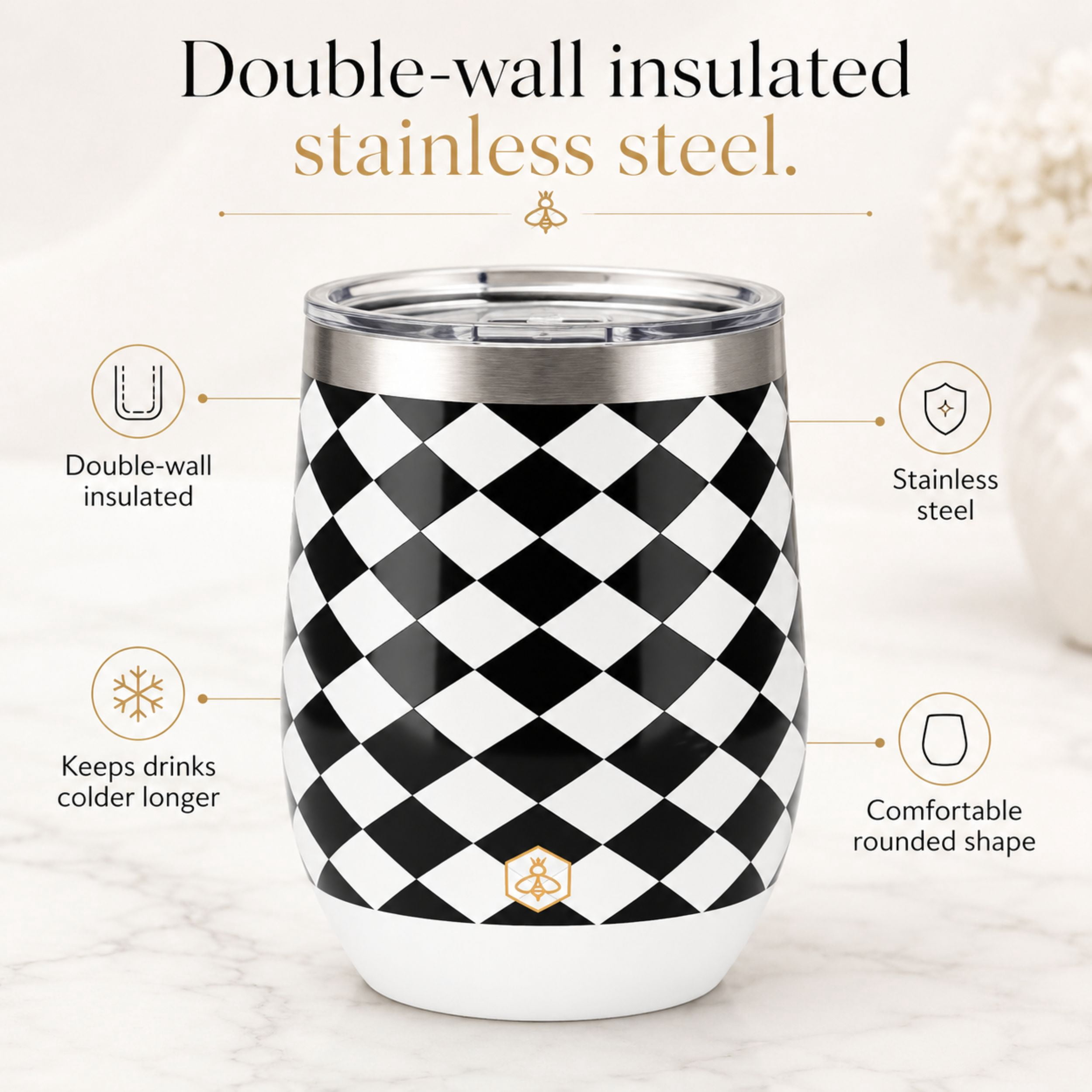 Biddlebee 12oz Stainless Steel Insulated Wine Tumbler, Black & White Check