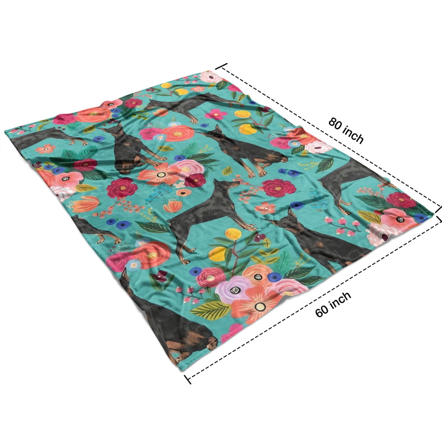 Doberman Dog Pattern with Flowers Blanket,Comfortable Soft Flannel Throw Blanket,All Season,Warm Lightweight Blankets for Sofa Bed Couch Living Room Chair,60"x80"(150x200cm)