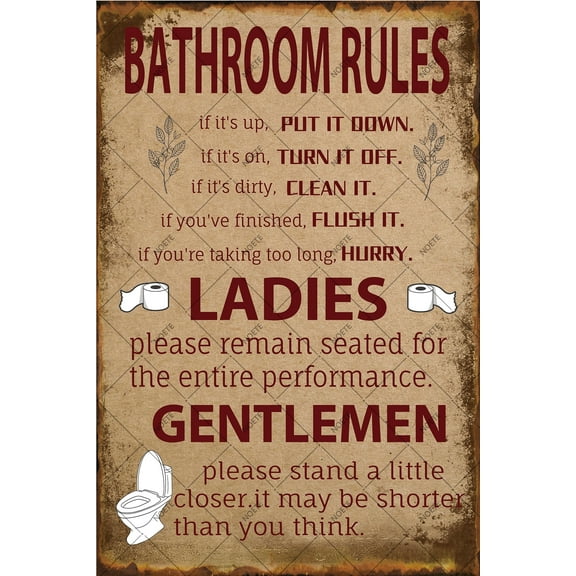 Noete Funny Bathroom Rules Sign Vintage Metal Tin Sign for Farmhouse, Restroom & Home Decor Rustic Bathroom Wall Art with Humorous Sayings Durable 12x16 Inch
