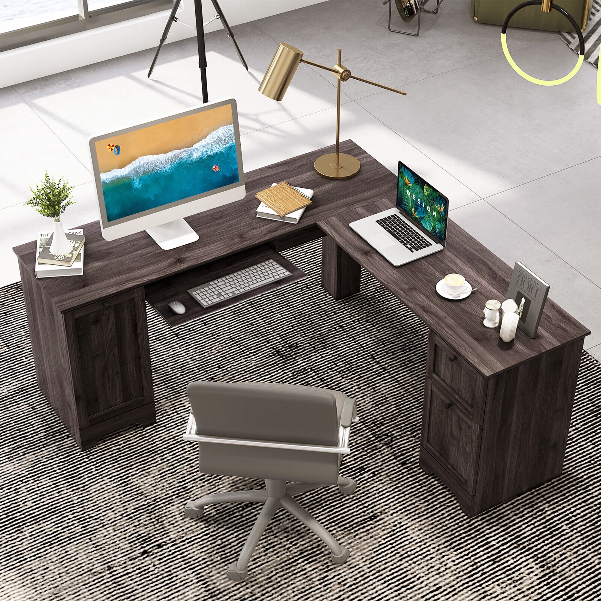 Gymax 66.5'' L Shaped Home Office Desk Corner Computer Desk Keyboard Tray Dark Brown