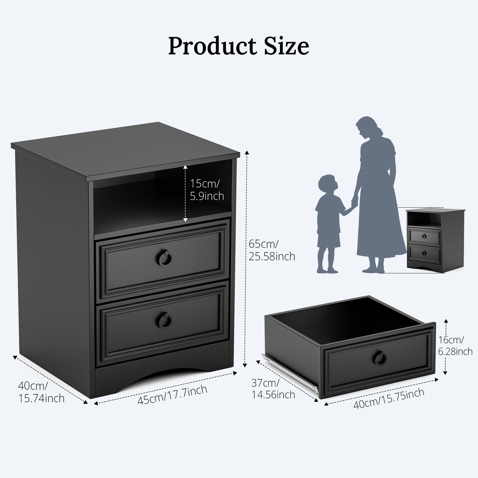 Holliwill Nightstand Set of 2, 2 Drawer Dresser for Bedroom, Bedside Table End Table Side Table for Living Room, Black