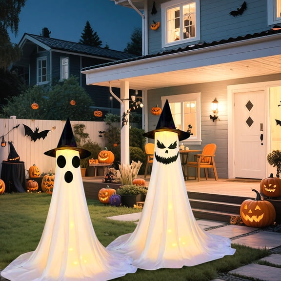 Anvora 2 Pack Standing Witch Hat Ghost Halloween Decor Outdoor, 57 Inch Cute Ghost Ornaments for Front Porch Lawn, Yard Garden Indoor Outdoor Halloween Party Decor Supplies
