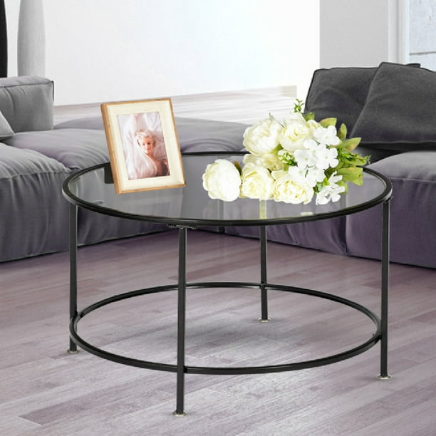 Hodely 26 Round Glass Coffee Table, Round Glass Iron Coffee Table