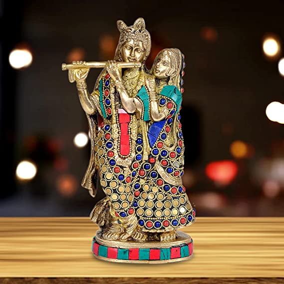 AONA Brass Lord Radha Krishna Idol Figurine Decorative Sculpture with Beautifully Designed Stone Work Radha Krishna Murti for Home Office Temple Best Gift Showpiece Multicolour Height 8.5 Inches
