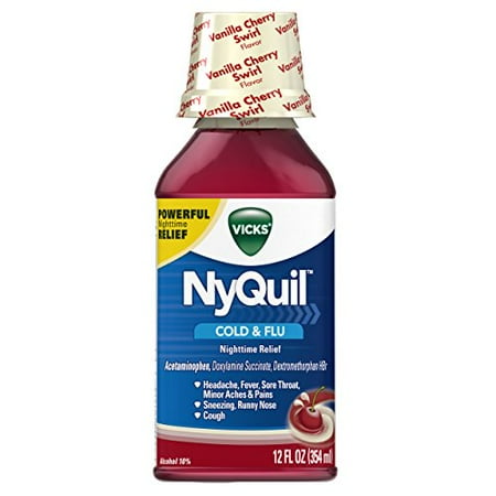 4 Pack Vicks NyQuil Cold & Flu Nighttime Relief Vanilla Cherry Swirl 12 Oz Each