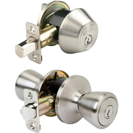 Brink's Tulip Style Keyed Entry Door Knob and Single Deadbolt, Satin (Best Entry Door Locks)