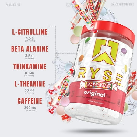 RYSE Loaded Pre Workout Powder Supplement for Men & Women | Pumps, Energy, Focus | Beta Alanine + Citrulline | 390mg Caffeine | 30 Servings (Smarties Original)