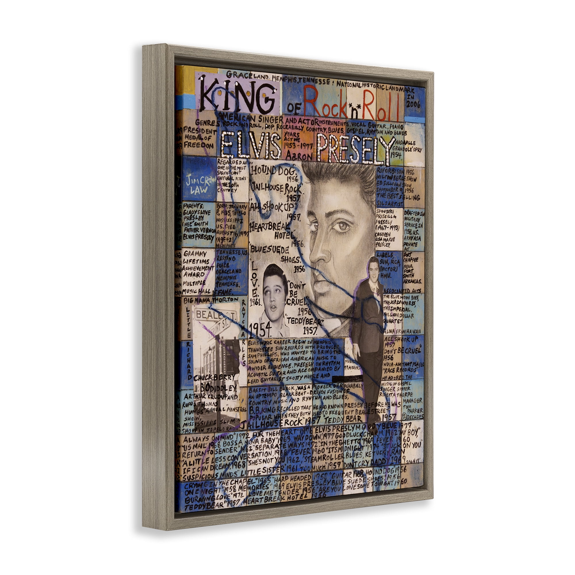 Stupell Industries Elvis Presley Collage People Drawing Brown Floater Framed Canvas Art Print Wall Art, 25 x 31